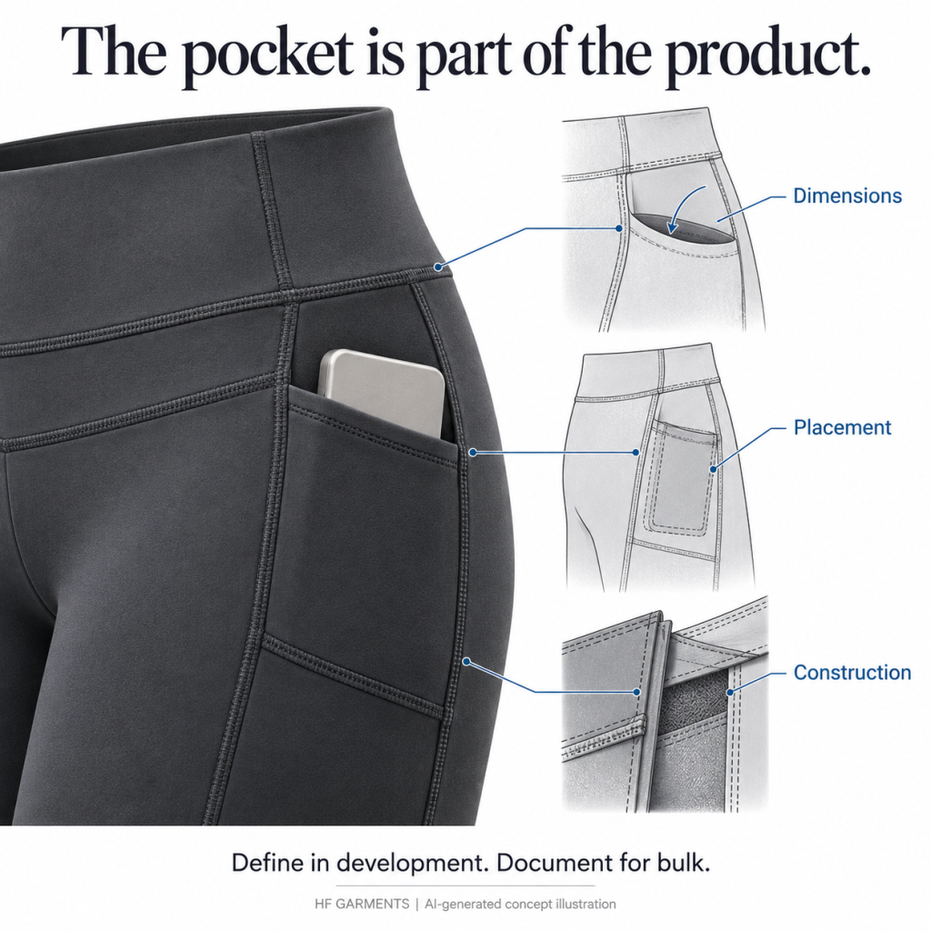 Concept illustration of an activewear pocket holding a removable accessory, showing questions about dimensions, placement and construction.